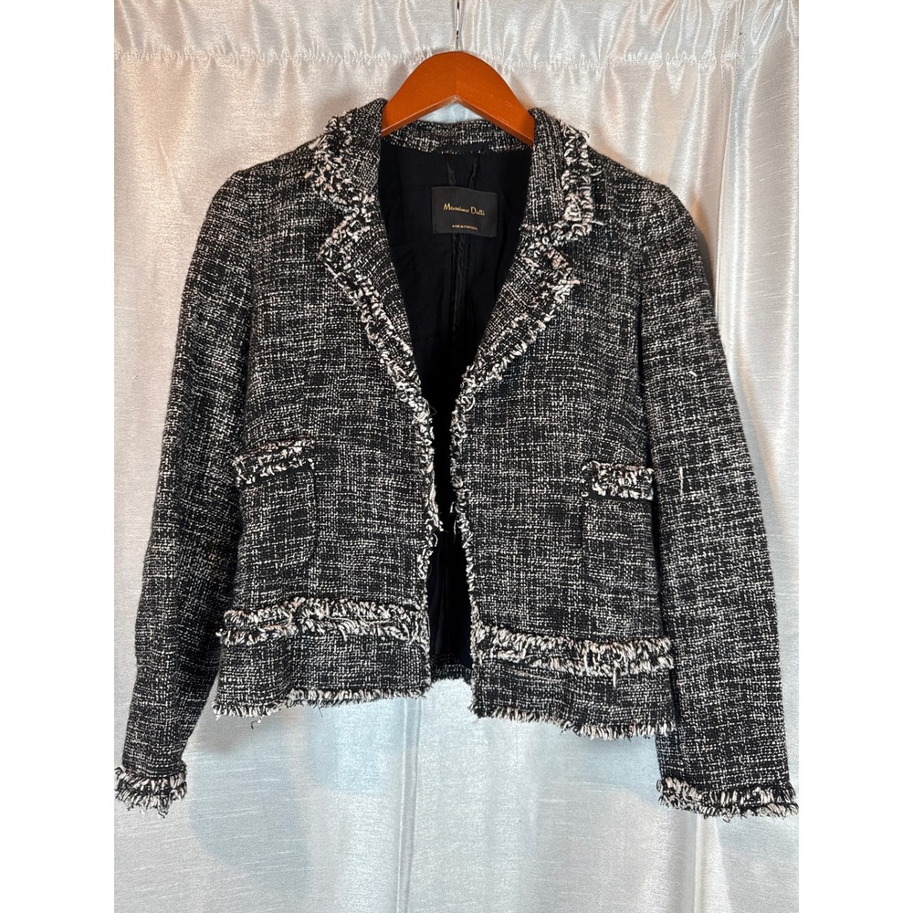 Massimo Dutti Tweed Cropped Blazer Jacket Black White Fringe Women US 4 EUR 36